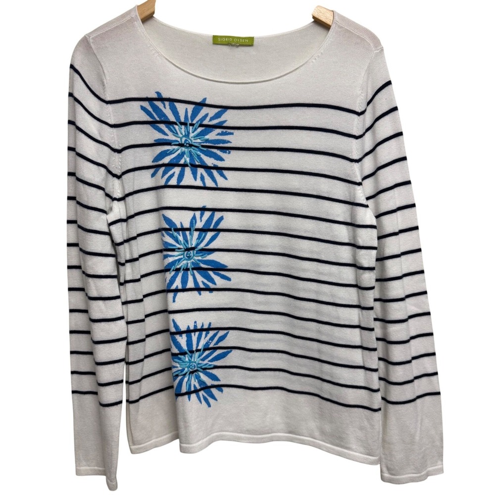 Sigrid Olsen Sweater Medium White Blue Striped Coastal Floral‎ Cotton Blend